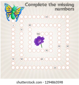 Game with christmas bells for children, fill in the missing numbers, middle level, education game for kids, school worksheet activity, task for the development of logical thinking, vector illustration