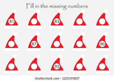 Game with christmas hats for children, fill in the missing numbers, middle level, education game for kids, school worksheet activity, task for the development of logical thinking, vector illustration