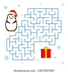 Game Christmas Maze. Vector maze with penguin and gift for children's education. Help the penguin in a Santa hat find his way to the gift. Flat design.
