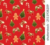Game Christmas seamless pattern with gamepad or joystick in gingerbread palette and New Year attributes for printing on T-shirt, wrapping paper etc. Vector illustration