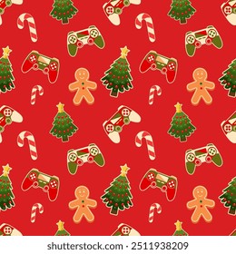 Game Christmas seamless pattern with gamepad or joystick in gingerbread palette and New Year attributes for printing on T-shirt, wrapping paper etc. Vector illustration