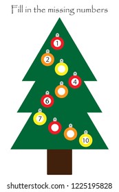 Game with christmas tree for children, fill in the missing numbers, easy level, education game for kids, school worksheet activity, task for the development of logical thinking, vector illustration