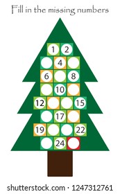 Game with christmas tree for children, fill in the missing numbers, advent calendar, education game for kids, school worksheet activity, task for development of logical thinking, vector illustration