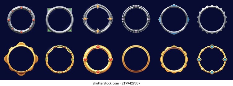 Game circle metal frames. Round textured avatar borders, cartoon empty metallic game asset icons for mobile user interface design. Vector sprite UI set. Silver and gold framing with gemstones - Shutterstock ID 2199429837