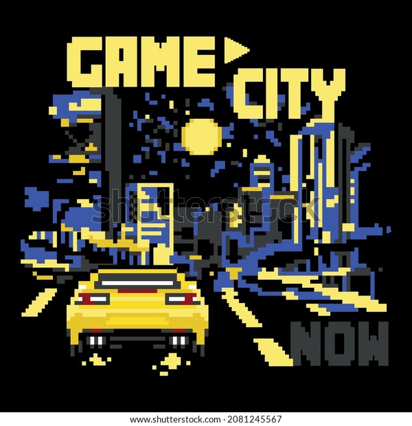 game city now\
pixels 8 bit black yellow\
car