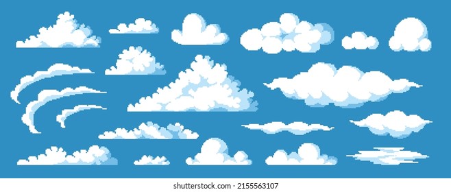 Game clouds asset. Retro 8 bit video game background with cartoon clouds, heaven blue sky game art. Vector UI elements collection. Illustration of pixel arcade 8 bit clouds
