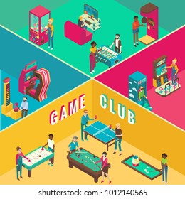 Game club vector flat 3d isometric illustration. Cutaway interior with amusement arcade game machines, video arcade and table games concept design elements.