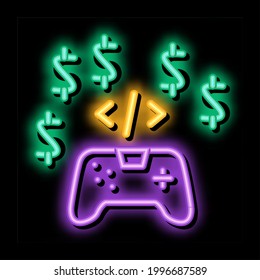 game coding and sell neon light sign vector. Glowing bright icon game coding and sell sign. transparent symbol illustration