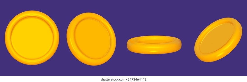 Game coin 3d set isolated. Gold money token flip. Cartoon game coin render. Vector illustration