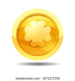 Game coin with clover leaf, game interface, gold, vector, cartoon style, isolated