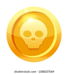 Game coin gold with scull symbol, icon, game interface, gold metal. For web, game or application GUI UI. Vector illustration isolated