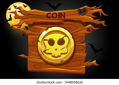 Game coin icon, scary skull on wooden banner.