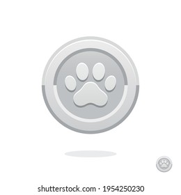 Game coin. Coin icon. Silver medal. Coin with the paw. Graphic user interface design element. Silver paw. Paw print. Imprint animal paw. Animal competition. Reward. Imprint animal. Quality mark. Coin