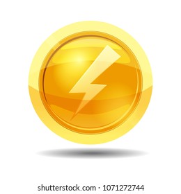 Game coin with lightning, game interface, gold, vector, cartoon style, isolated