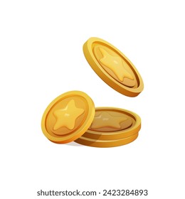 Game Coin Stack 3d render isolated. Gold Money on white background. Coin with star for game reward and prize. Vector 3d illustration.