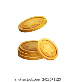 Game Coin Stack 3d render isolated. Gold Money on white background. Coin with star for game reward and prize. Vector 3d illustration.