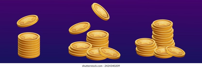 Game Coin Stack set 3d render isolated. Gold Money on dark background. Coin with star for game reward and prize. Vector 3d illustration.