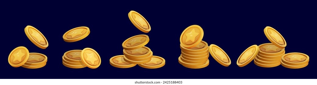 Game Coin Stack set 3d render isolated. Gold Money on dark background. Coin with star for game reward and prize. Vector 3d illustration.