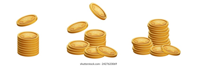 Game Coin Stack set 3d render isolated. Gold Money on white background. Coin with star for game reward and prize. Vector 3d illustration.