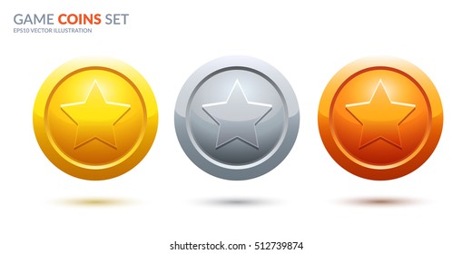 Game coins set. Rank medals for game user interface. Award vector illustration.