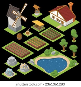 Game colored isometric icon set beds with seedlings mill pond decorations and houses vector illustration
