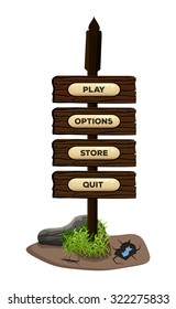 Game colorful menu interface on a wooden sign in the grass for mobile games and applications. Vector illustration
