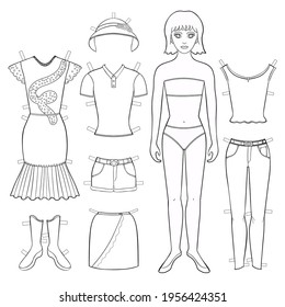 game coloring clothing set womens dress, t-shirt, jeans vector illustration