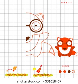 Game coloring page. Visual game for kids. Fold missing puzzle. Educational game for preschool child. Copy puzzle with fox image. Draw picture fox