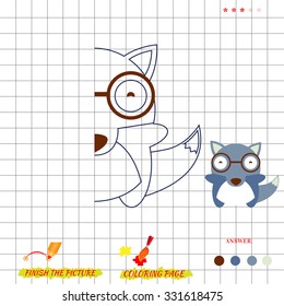 Game coloring page. Visual game for kids. Fold missing puzzle. Educational game for preschool child. Copy puzzle with wolf image. Draw picture wolf