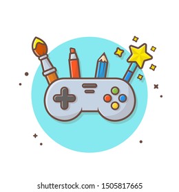 Game Colors Vector Icon Illustration.  Game Joystick Controler, Brush, Pencil, Magic Tool Icon Concept White Isolated. Flat Cartoon Style Suitable for Web Landing Page, Banner, Sticker, Background