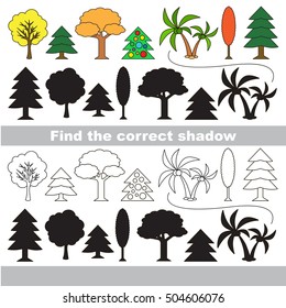 Game to compare objects and find the correct shadow, the matching game to educate preschool kids with easy kid educational gaming and primary education of simple game level. Different trees.