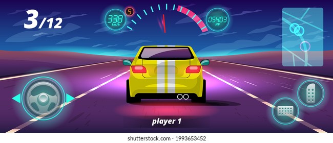 In game competition continue player used high speed car for win in racing game. competition e-sport car racing. Vector illustration in 3d style design