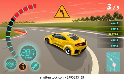 In game competition continue player used high speed car for win in racing game. competition e-sport car racing. Vector illustration in 3d style design