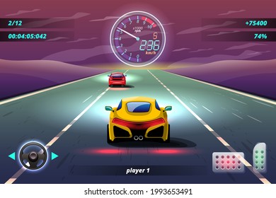 In game competition continue player used high speed car for win in racing game. competition e-sport car racing. Vector illustration in 3d style design