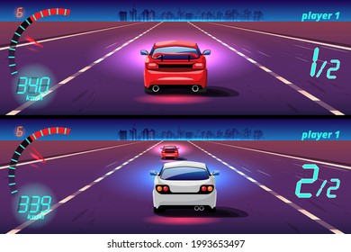 In game competition continue player used high speed car for win in racing game. competition e-sport car racing. Vector illustration in 3d style design