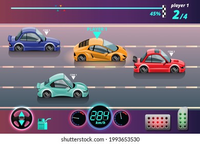 In game competition continue player used high speed car for win in racing game. competition e-sport car racing. Vector illustration in 3d style design