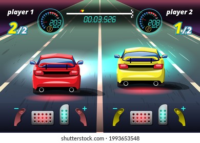 In game competition continue player used high speed car for win in racing game. competition e-sport car racing. Vector illustration in 3d style design