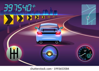 In game competition continue player used high speed car for win in racing game. competition e-sport car racing. Vector illustration in 3d style design