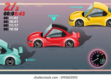 In game competition continue player used high speed car for win in racing game. competition e-sport car racing. Vector illustration in 3d style design