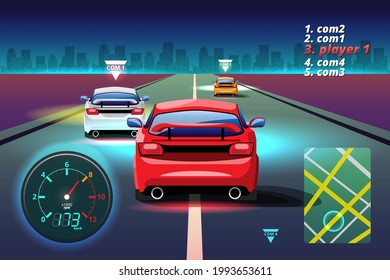 In Game Competition Continue Player Used High Speed Car For Win In Racing Game. Competition E-sport Car Racing. Vector Illustration In 3d Style Design