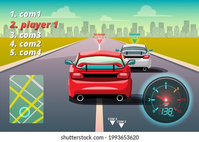 In game competition continue player used high speed car for win in racing game. competition e-sport car racing. Vector illustration in 3d style design