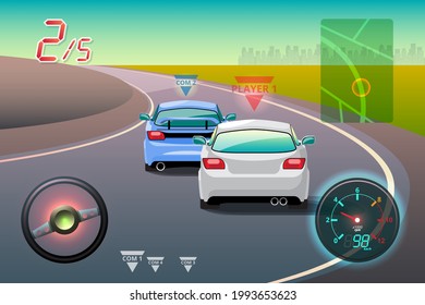 In game competition continue player used high speed car for win in racing game. competition e-sport car racing. Vector illustration in 3d style design