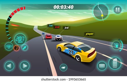 In game competition continue player used high speed car for win in racing game. competition e-sport car racing. Vector illustration in 3d style design