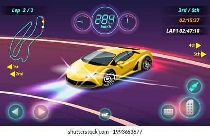 In Game Competition Continue Player Used High Speed Car For Win In Racing Game. Competition E-sport Car Racing. Vector Illustration In 3d Style Design