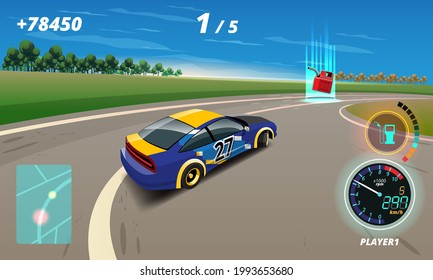 In game competition continue player used high speed car for win in racing game. competition e-sport car racing. Vector illustration in 3d style design