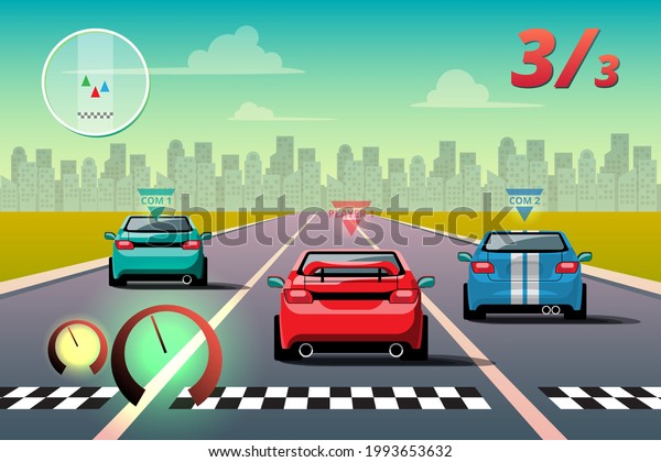 In game competition continue player used\
high speed car for win in racing game. competition e-sport car\
racing. Vector illustration in 3d style\
design