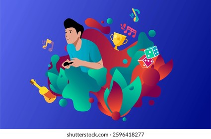 Game competition poster illustration design boy playing console game with liquid floating