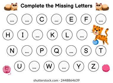 Game for complete the missing letters with cute cartoon cat printable pet worksheet