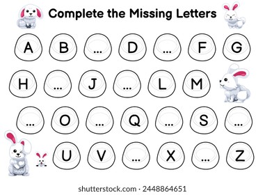 Game for complete the missing letters with cute cartoon rabbit printable pet worksheet