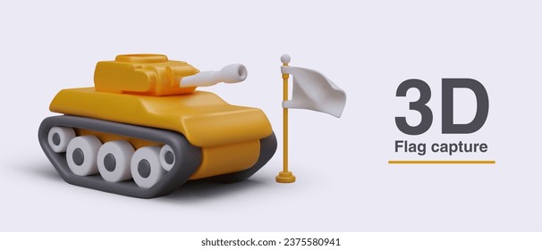 Game concept of capturing battle flag. 3D tank, white flag on rack. Regalia of opponent, enemy. Military actions in online strategy. Color vector web design